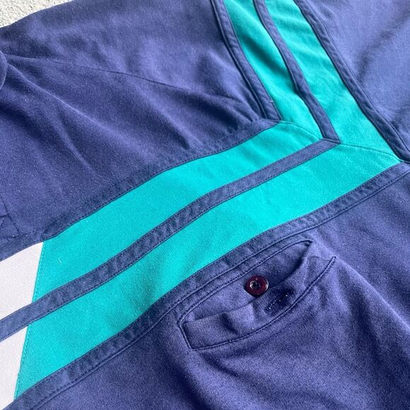 90s Idletime Striped Long Sleeve Rugby Men’s Polo Shirt with Front Button Pocket - Picture 3 of 7